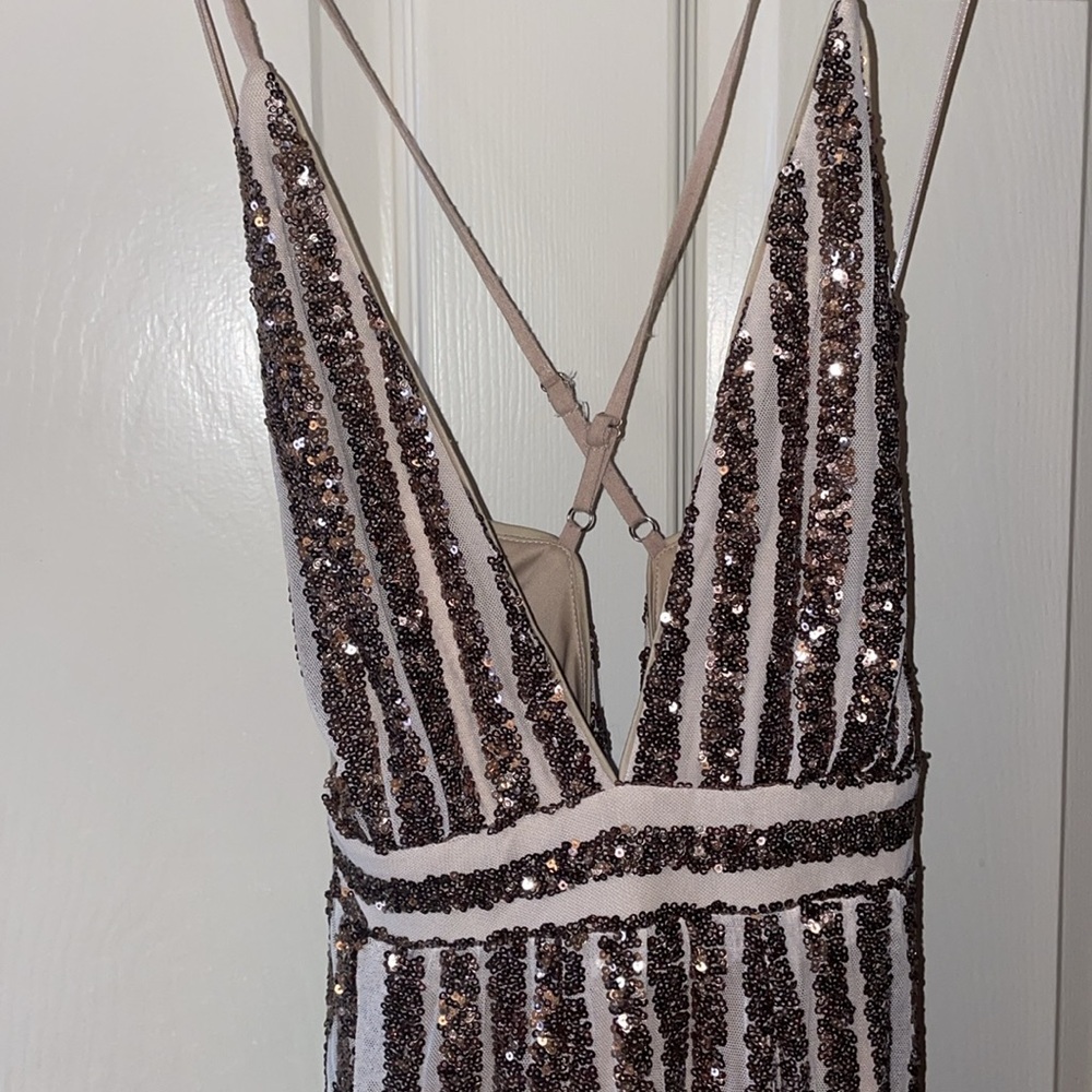 Sequin Stripe V-Neck Prom Dress in Rose Gold and White - Picture 3 of 4
